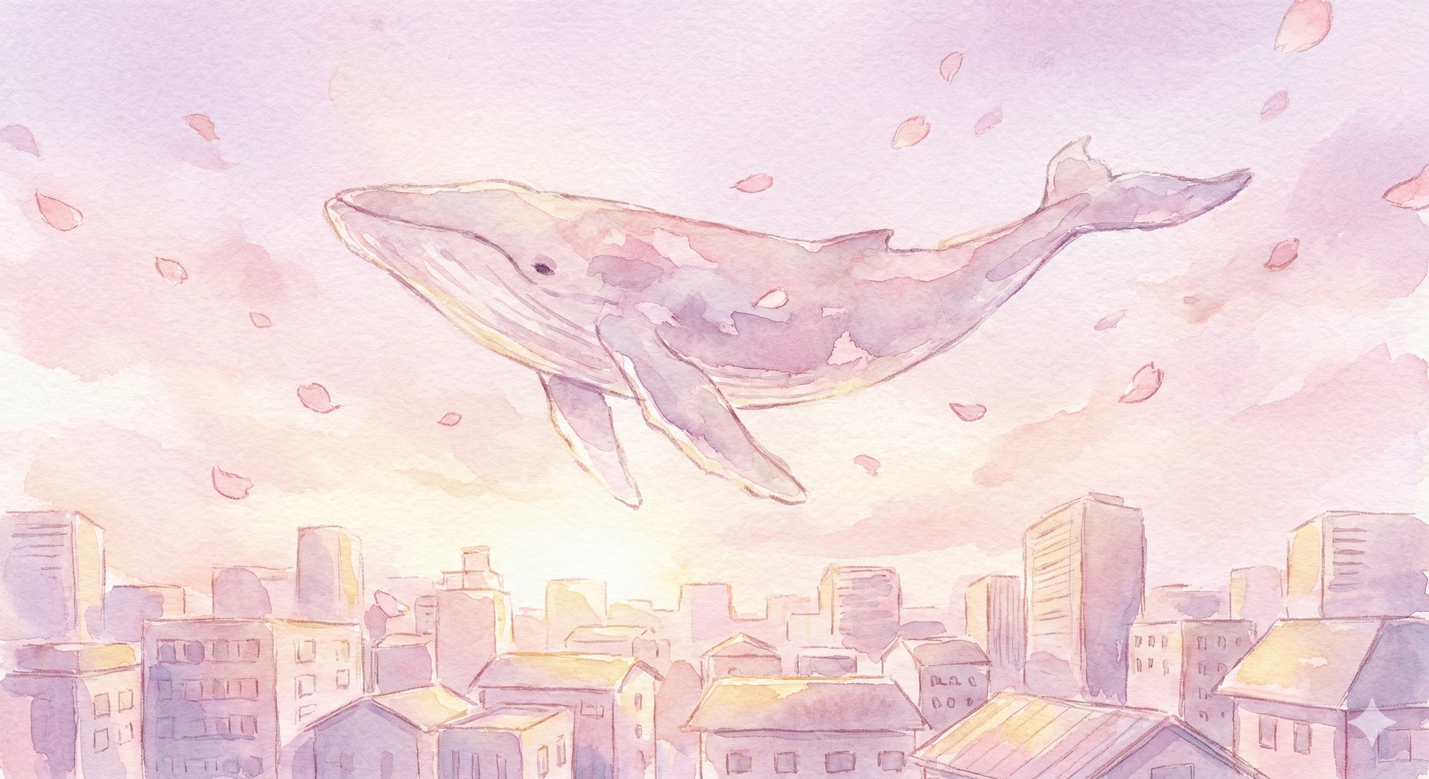 Watercolor dream scene — a whale flying over a city
