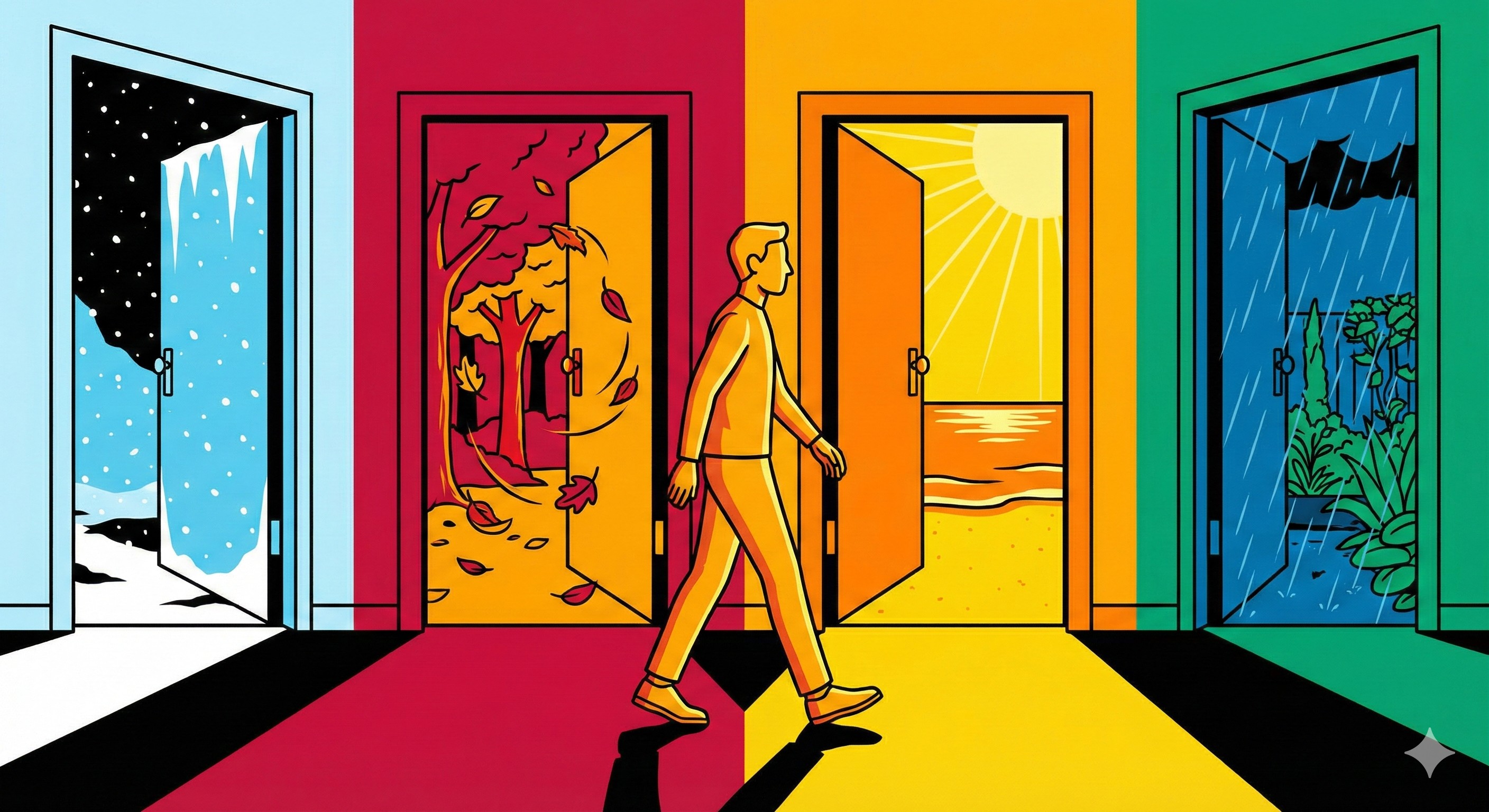 Surreal dream scene — colorful doors leading to different worlds